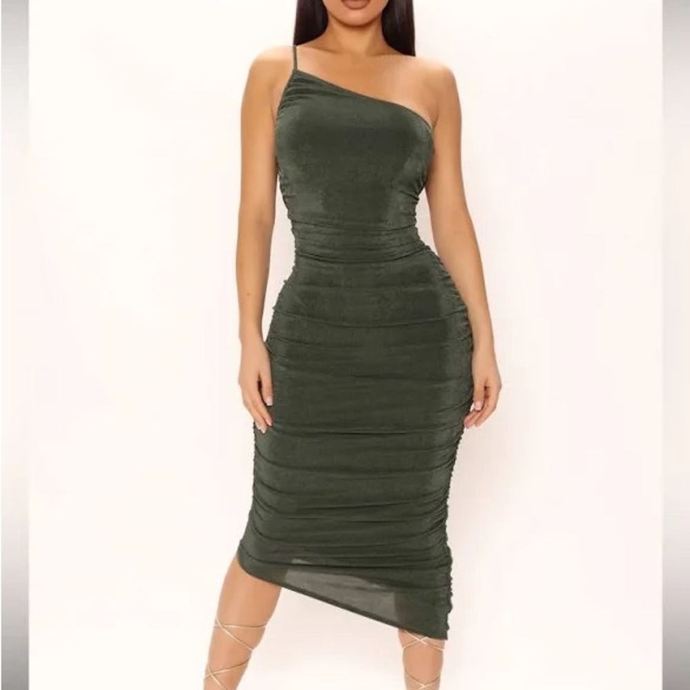 Fashion Nova Green Ruched One Shoulder Dress